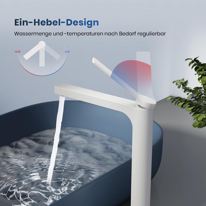 Produktbild Emke Badarmatur, weiß, Mischbatterie Waschbecken, Messing, mit Perlator, Keramikkartusche, einfach zu bed