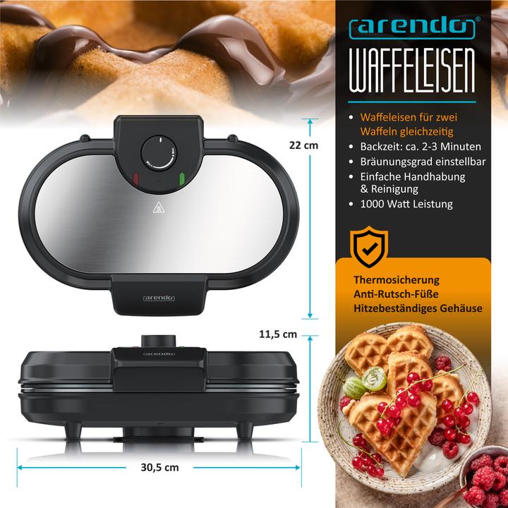 Actual product image Arendo Doppelwaffeleisen Waffeleisen Doppel Herzwaffeln, Antihaftbeschichtung, 1000 Watt, Temperaturregler