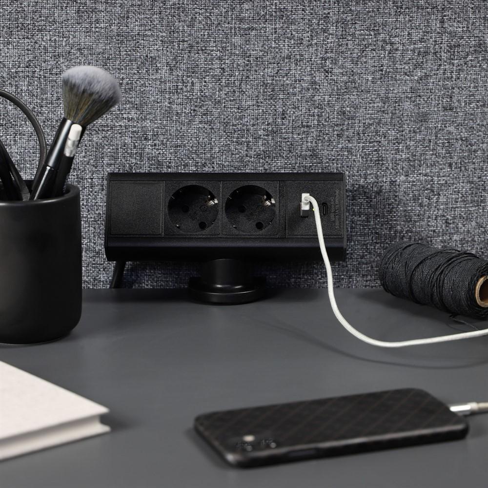 Thumbnail - Kondator, Steckdosenleiste, Desk - 2 Power 1 USB-A & USB-C charger, Black (2 x, 1.50 m)