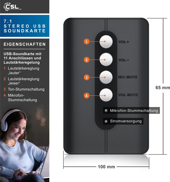 Produktbild CSL externe USB-Soundkarte, 7.1 Surround Sound, Stereo Audio Adapter, für PC - Win 10, 11 (USB)