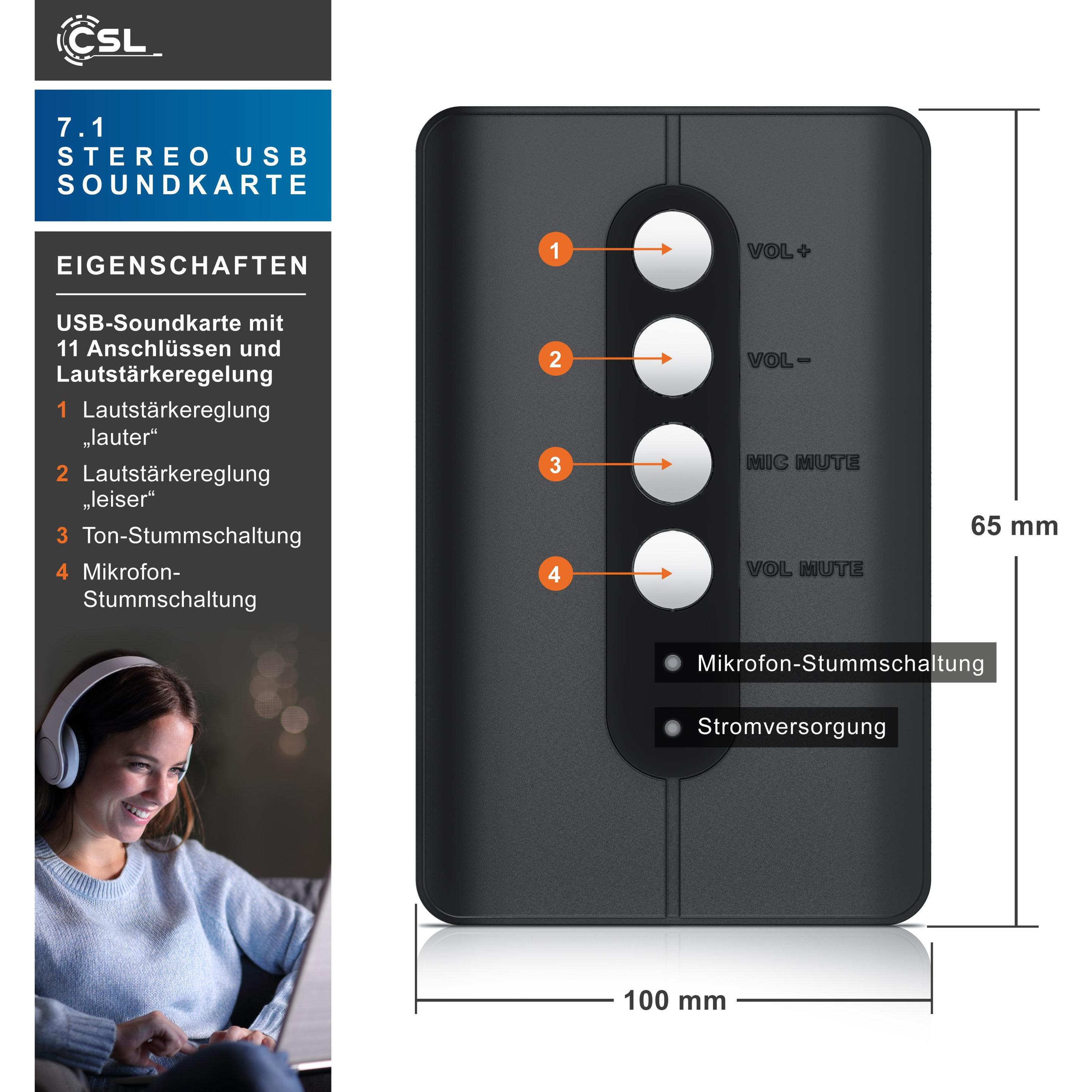 Thumbnail - CSL externe USB-Soundkarte, 7.1 Surround Sound, Stereo Audio Adapter, für PC - Win 10, 11 (USB), Soundkarte, Schwarz