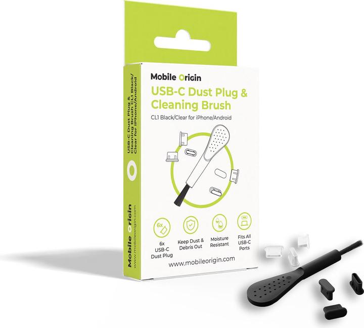 Mobile Origin USB-C Dust Plug & Cleaning Brush CL1 Black/Clear for iPhone/Android