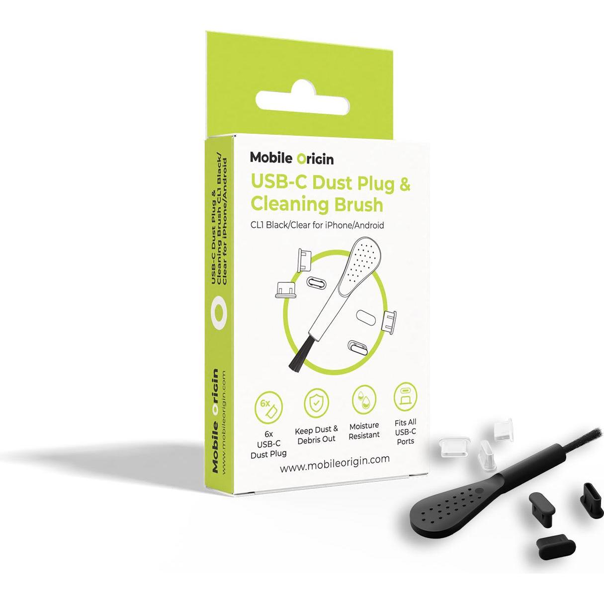 Mobile Origin USB-C Dust Plug & Cleaning Brush CL1 Black/Clear for iPhone/Android, Accessori per cellulare, Nero, Trasparente