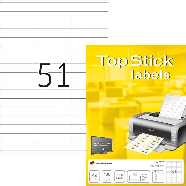 Produktbild TopStick Universal-Etiketten, 70 x 16,9 mm, weiss, 100 Blatt selbstklebend, permanent haftend