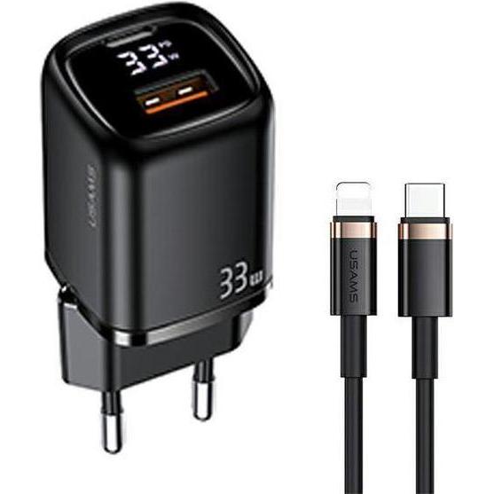 Usams Ladegerät Set Typ-C zu Lightning (33 W), USB Ladegerät, Schwarz