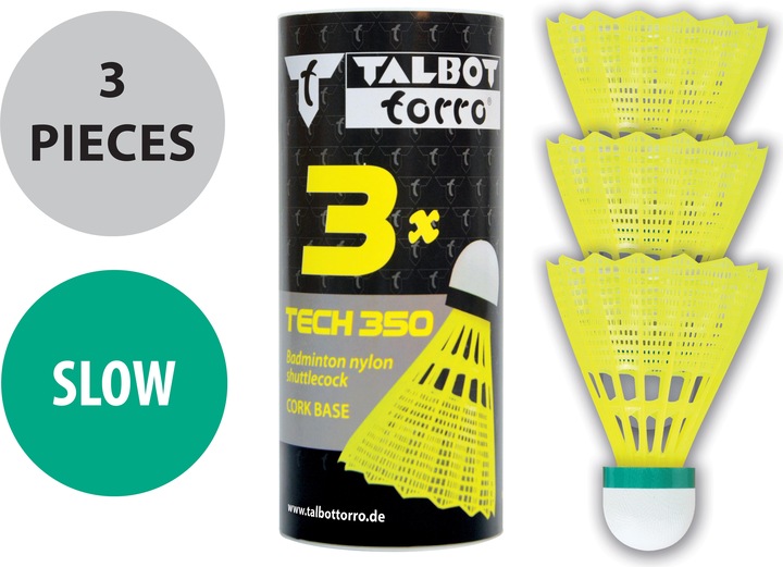 Produktbild Talbot Torro Badmintonball Tech 350, slow, gelb/grün haltbarer Freizeit- und Trainings-Nylonfederball mit