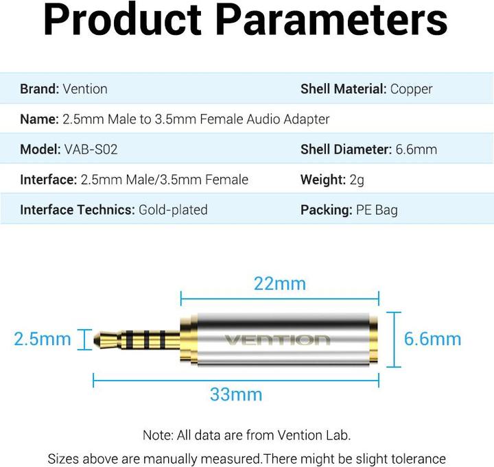 Actual product image Vention audio adapter, VAB-S02, 3.5mm (female) to mini jack 2.5mm (male), (gold)