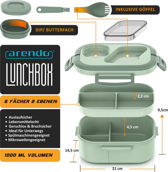Actual product image Arendo Lunch box Bento box with cutlery & compartments