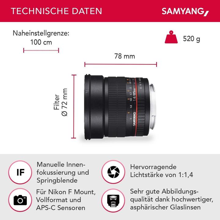 Produktbild Samyang 85mm f/1.4 AS IF UMC - Sony E (Sony E, Vollformat)