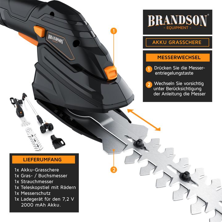 Produktbild Brandson Akku Grasschere, elektrische Garten Strauchschere, Teleskopstange 90-130 cm mit Rädern, Rasenschere (Akkubetrieb, Netzbetrieb)