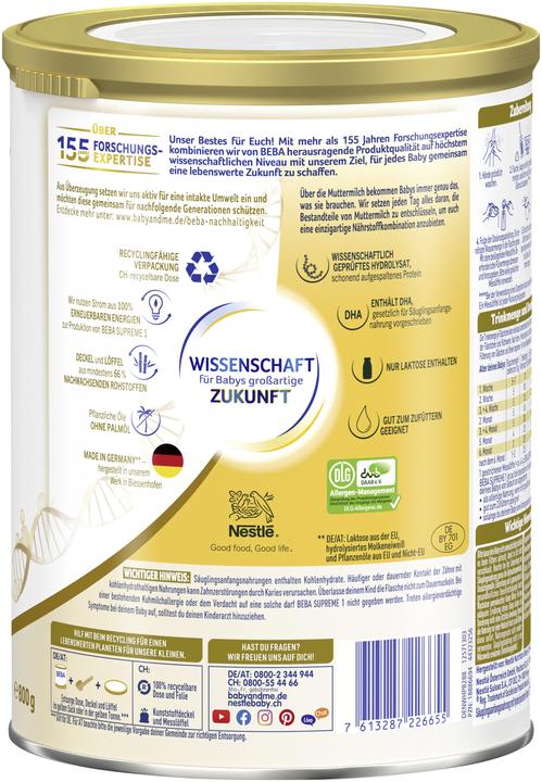 Valeurs nutritives et ingrédients Beba Suprême 1 Plv (994 g, dès la naissance)