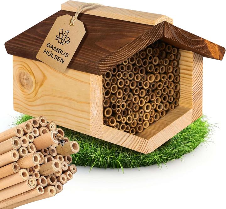 Beesi Insektenhotel mit wetterfestem Dach und Nisthülsen (Wildbienen)