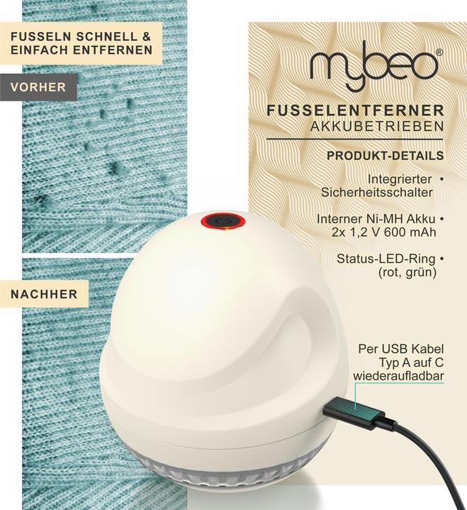 Actual product image Mybeo Lint shaver, electric rechargeable lint remover beige, safety switch, for clothing & upholstery