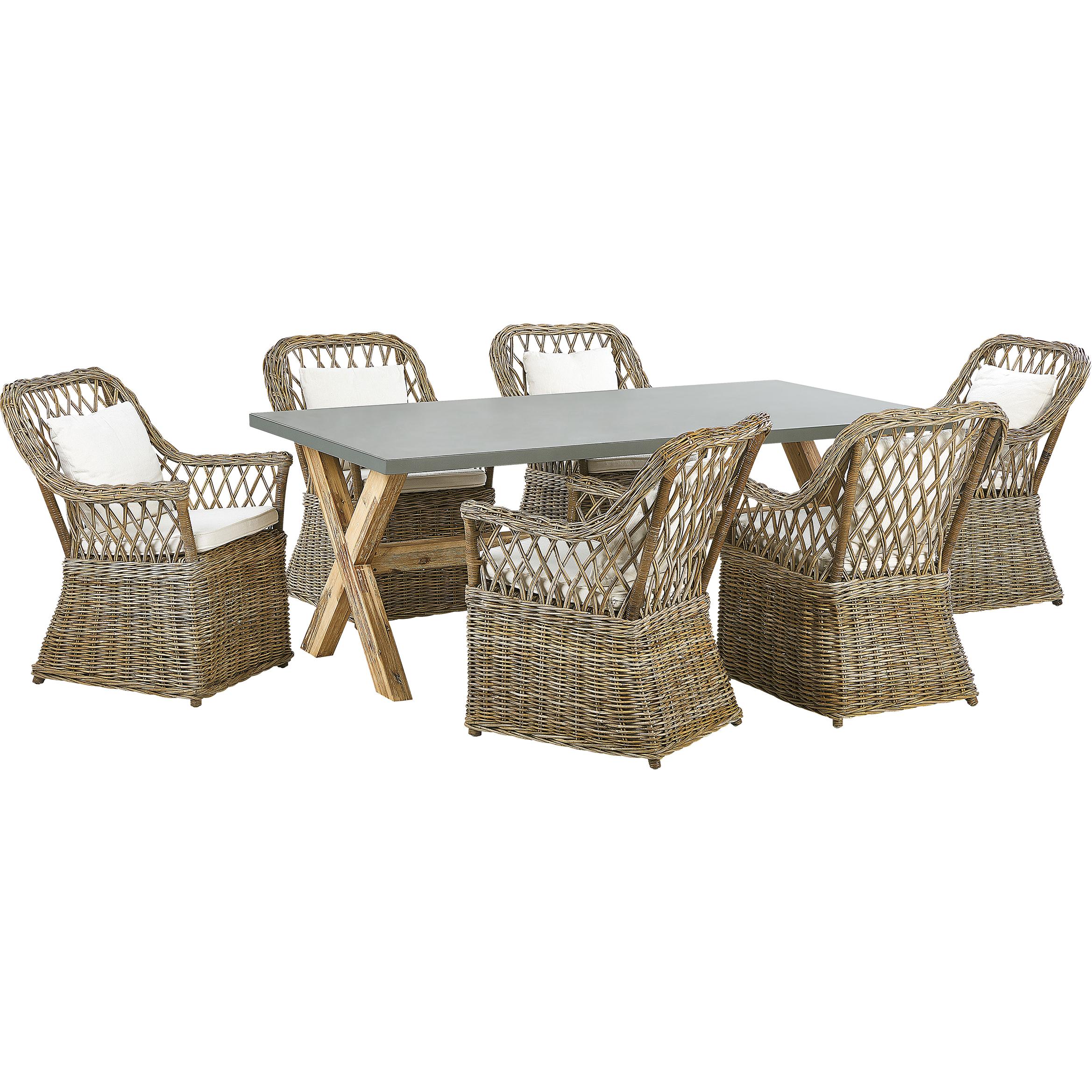 Beliani, Gartentisch + Balkontisch, Gartenmöbel Set Rattan natürlich 6-Sitzer Auflagen cremeweiss MAROS/OLBIA (200 cm)