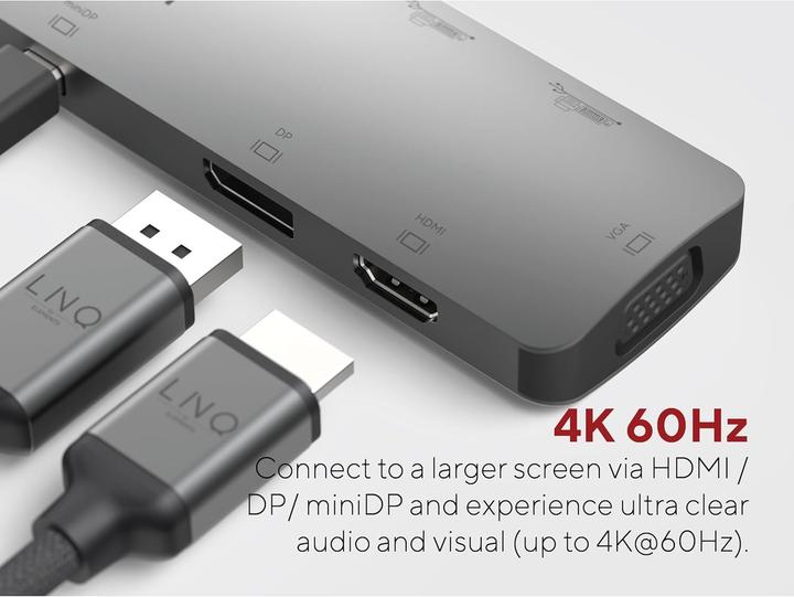 Actual product image LINQ Connects USB-C -> 1x HDMI, 1x DP, 1x miniDP, 1x VGA, 1x USB-C, 2x USB-A LQ48019 grey (USB-C, 7 ports)