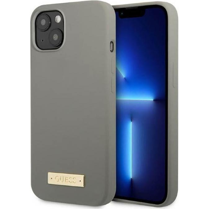 Guess GUHMP13MSPLG iPhone 13 6.1" szary/grey Custodia rigida in silicone Logo Plate MagSafe (Apple iPhone 13), Cover smartphone, Grigio