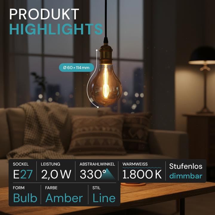 Produktbild Luxula LED-Filament-Lampe, Line Amber, E27, 2W, 65lm, 1800K (E27, 60 lm, 1x)