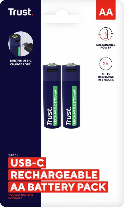 Actual product image Trust USB-C Rechargeable Batteries 2p (2 pcs., AA, 1700 mAh)
