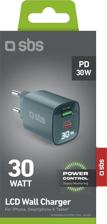 Immagine prodotto SBS Caricabatterie da parete con schermo LCD, 1 uscita USB-C PD 30W, 1 uscita USB-A 18W (30 W)