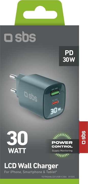 Produktbild SBS Wandladegerät mit LCD-Bildschirm, 1 USB-C-PD-30W-Ausgang, 1 USB-A-18W-Ausgang (30 W)