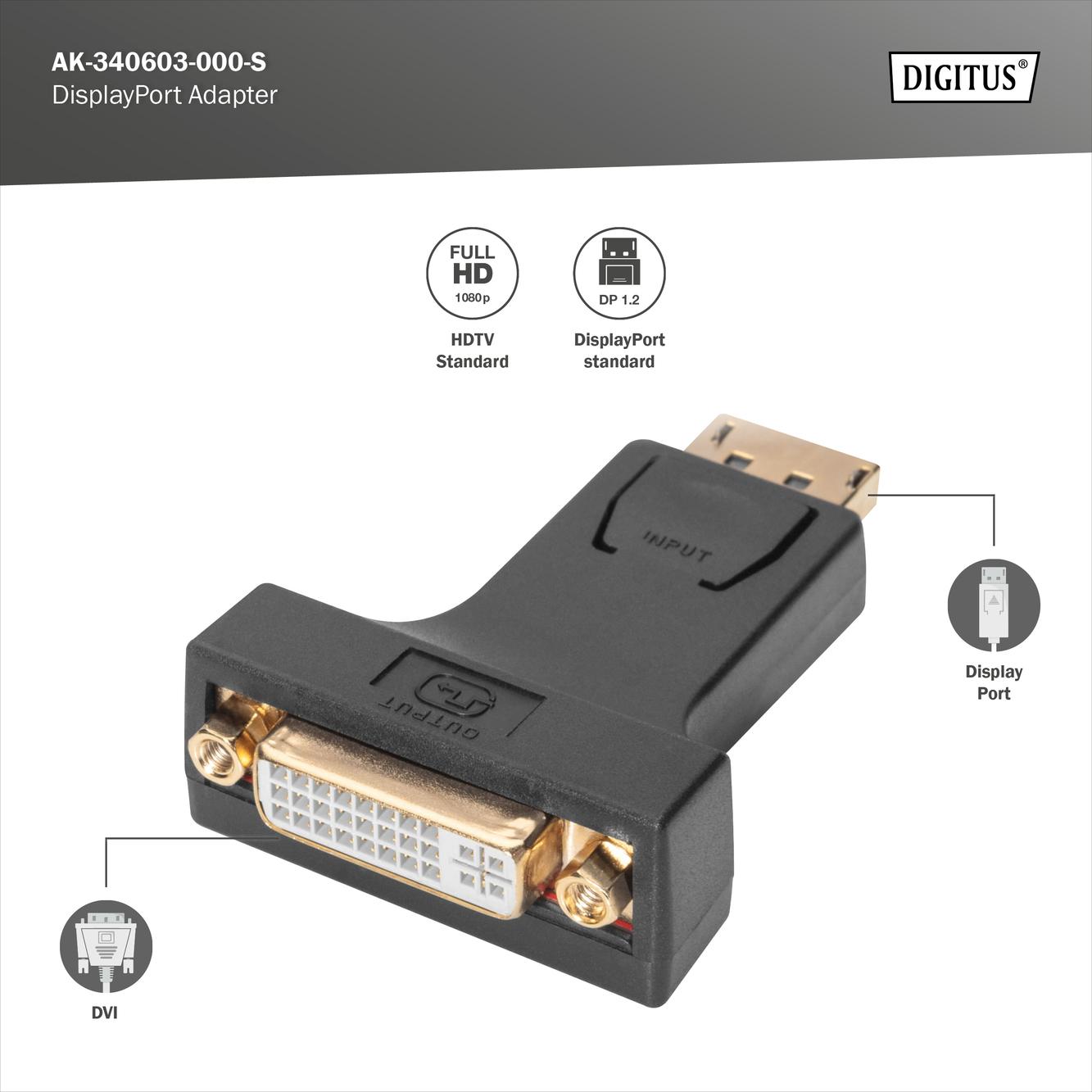 Digitus Nero Dp Zu (Dvi, 20 Cm), Adattatore Dati + Video,