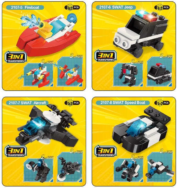 Actual product image Qman 10 mini sets each 3-in-1 fire brigade and SWAT team