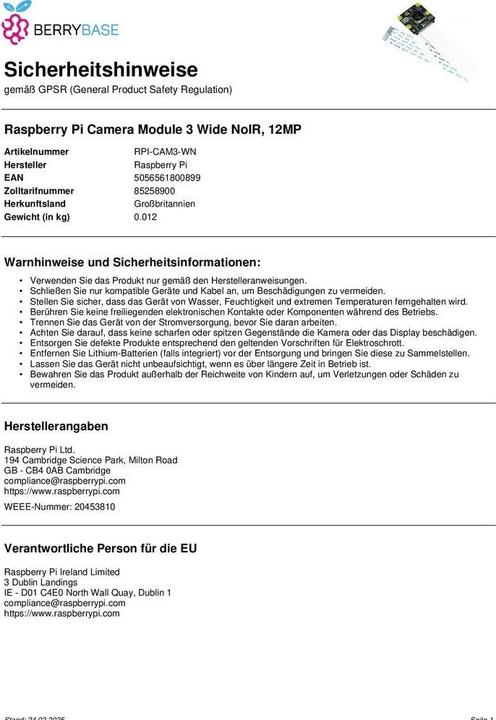Immagine prodotto Raspberry Pi SC0875 Modulo telecamera 3 Wide NoIR (Fotocamera)