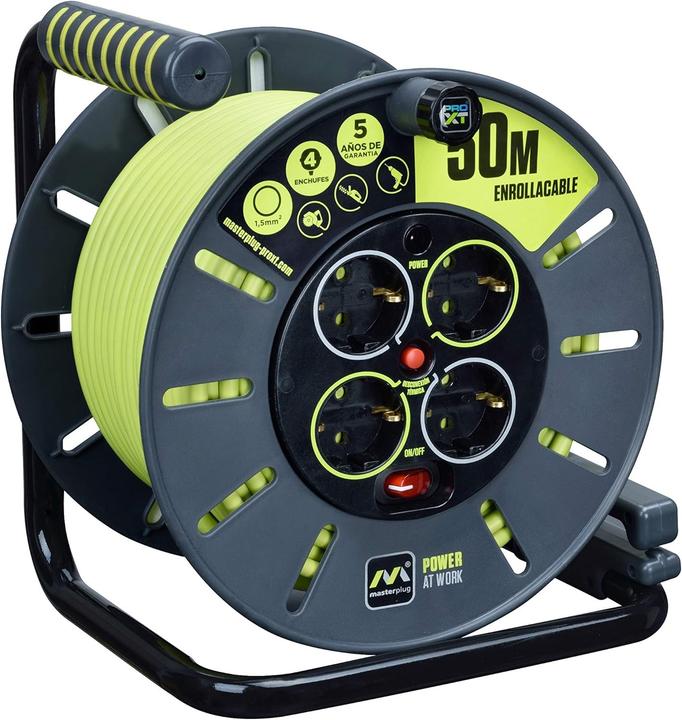 Actual product image Masterplug Pro-XT Cable Reel, 50 m, Extension 4 Schuko, Extension Cable, 3000 W, Grey/Green (50 m, 1.50 mm²)