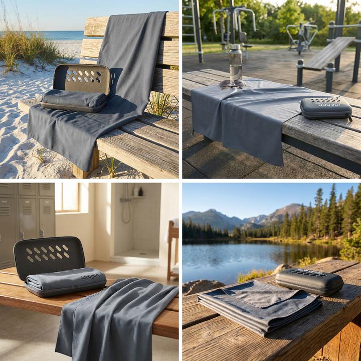 Actual product image Ideoon 2er-Set Microfaser-Handtuch mit Aufbewahrungsbox, 200 x 100 cm, anthrazit (200 x 100 cm)