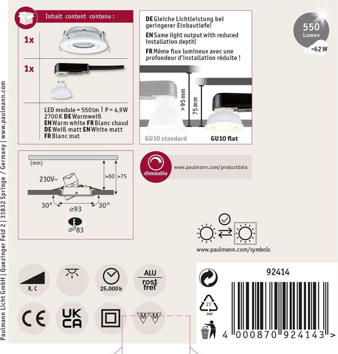 Produktbild Paulmann 92414 Nova LED-Einbauleuchte GU10 4.9 W Weiss (matt) (550 lm, GU10)