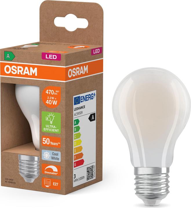 Image du produit Osram LED Classic A 40 Filament DIM Energy efficiency class A 2.2W 840 Frosted E27 (E27, 470 lm, 1x)