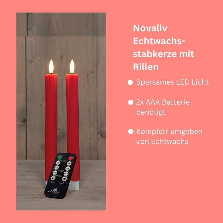 Actual product image Novaliv LED Stabkerzen 24 Stück ECHTWACHS gerippt ROT - mit Timer Funktion 6 Stunden - 23cm Höhe für Kerzen (24 x)