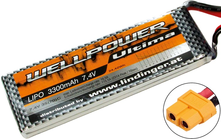 Immagine prodotto Wellpower batteria lipo ultima 3300 mah / 7,4 volt 2s 35/70c ch5/8 xt-60 (7.40 V, 3300 mAh)
