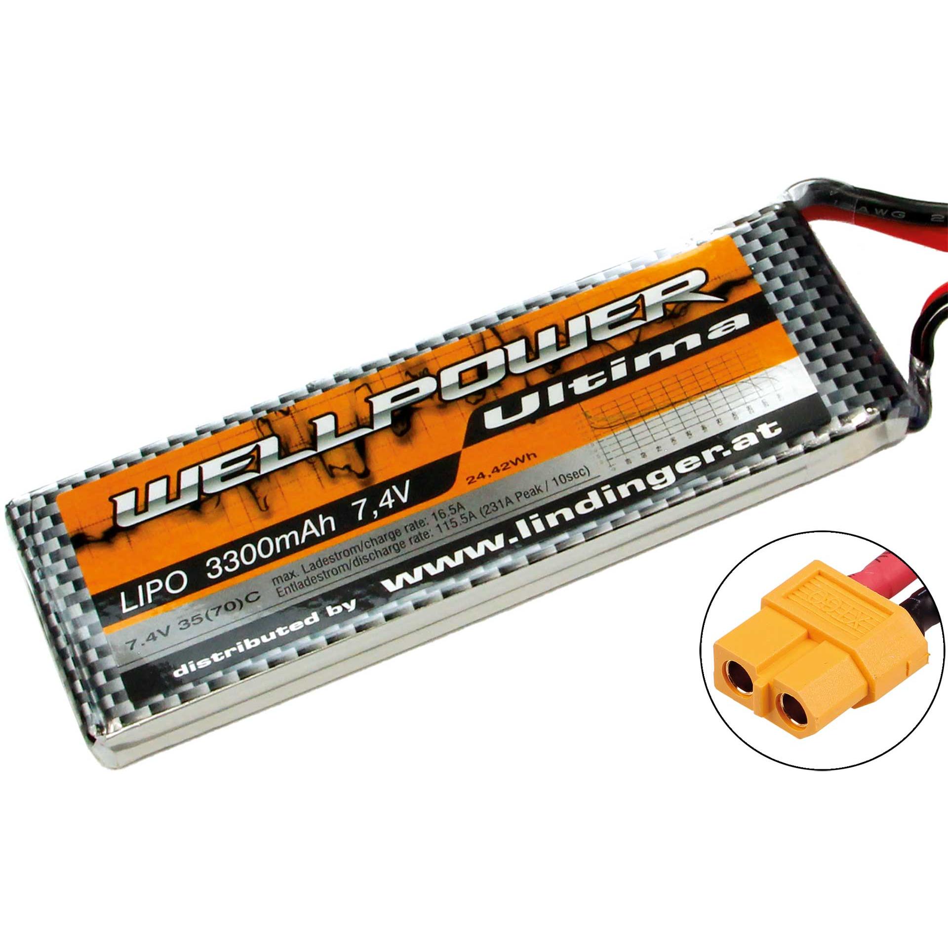 Thumbnail - Wellpower lipo akku ultima 3300 mah / 7,4 volt 2s 35/70c ch5/8 xt-60 (7.40 V, 3300 mAh)