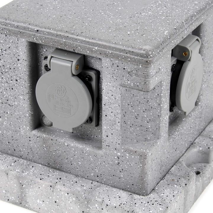 Actual product image Wiltec Garden Socket Fourfold Granite-look, IP44, Outdoor Socket with 1.5m Cable and Earth Peg