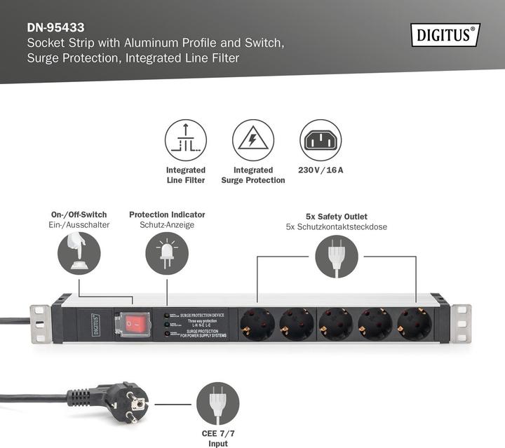 Produktbild Digitus Steckdosenleiste mit Aluminiumprofil und Schalter, Überspannungsschutz, integrierter Netzfilter, 5- (5 x, CEE 7/3, 2 m)