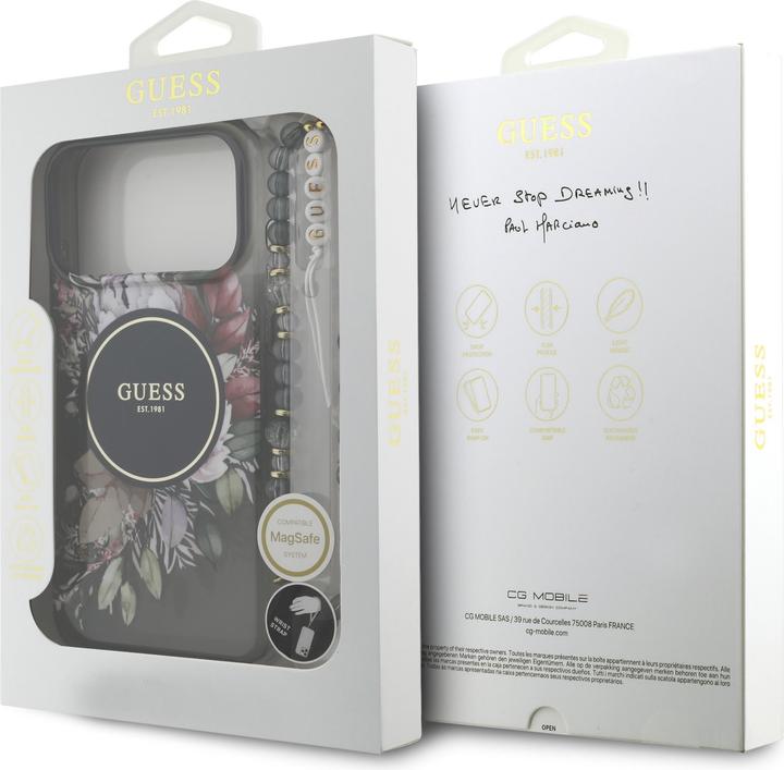 Produktbild Guess IML Flowers Strap MagSafe Case für Apple iPhone 17 Pro Max - black (Apple iPhone 17 Pro Max)