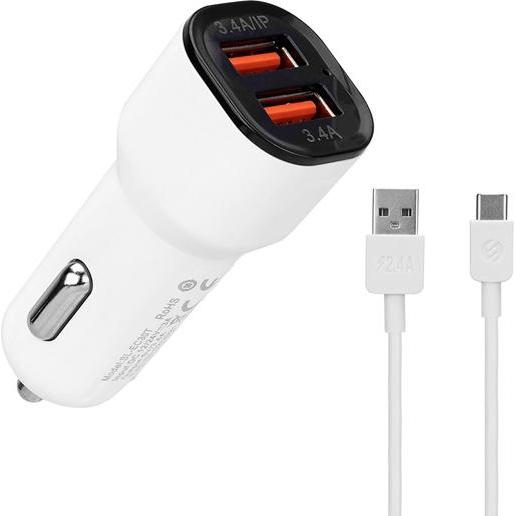 S-Link Autós töltő - SL-EC30T (2db USB, 5V/2.4A/3,4A, 17W, Type-C, 100cm adat+töltőkábel, fehér), Adattatore per auto, Bianco