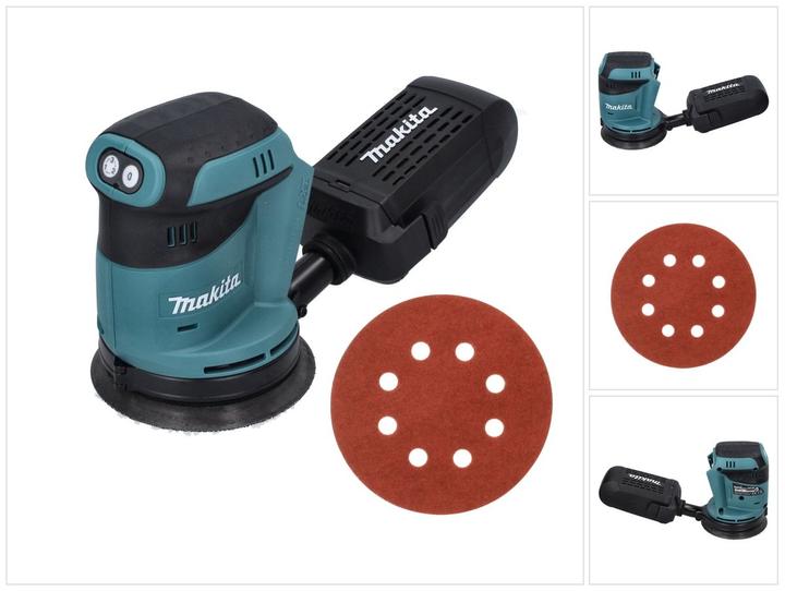 50x Makita Schleifpapier Klett 125 mm K320, 1x Schleifpapier, 1x Staubsammelaufsatz, 1x Makita DBO 180 Akku Exzenterschleifer
