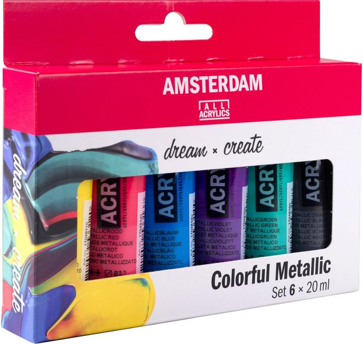 Produktbild Talens Acryl Amsterdam Standard Set Colorful Metallic Selection 6x20ml (Metallic Gelb, Metallic Schwarz, Metallic Grün, Metallic Rot, Metallic violett, Metallic Blau, 120 ml)