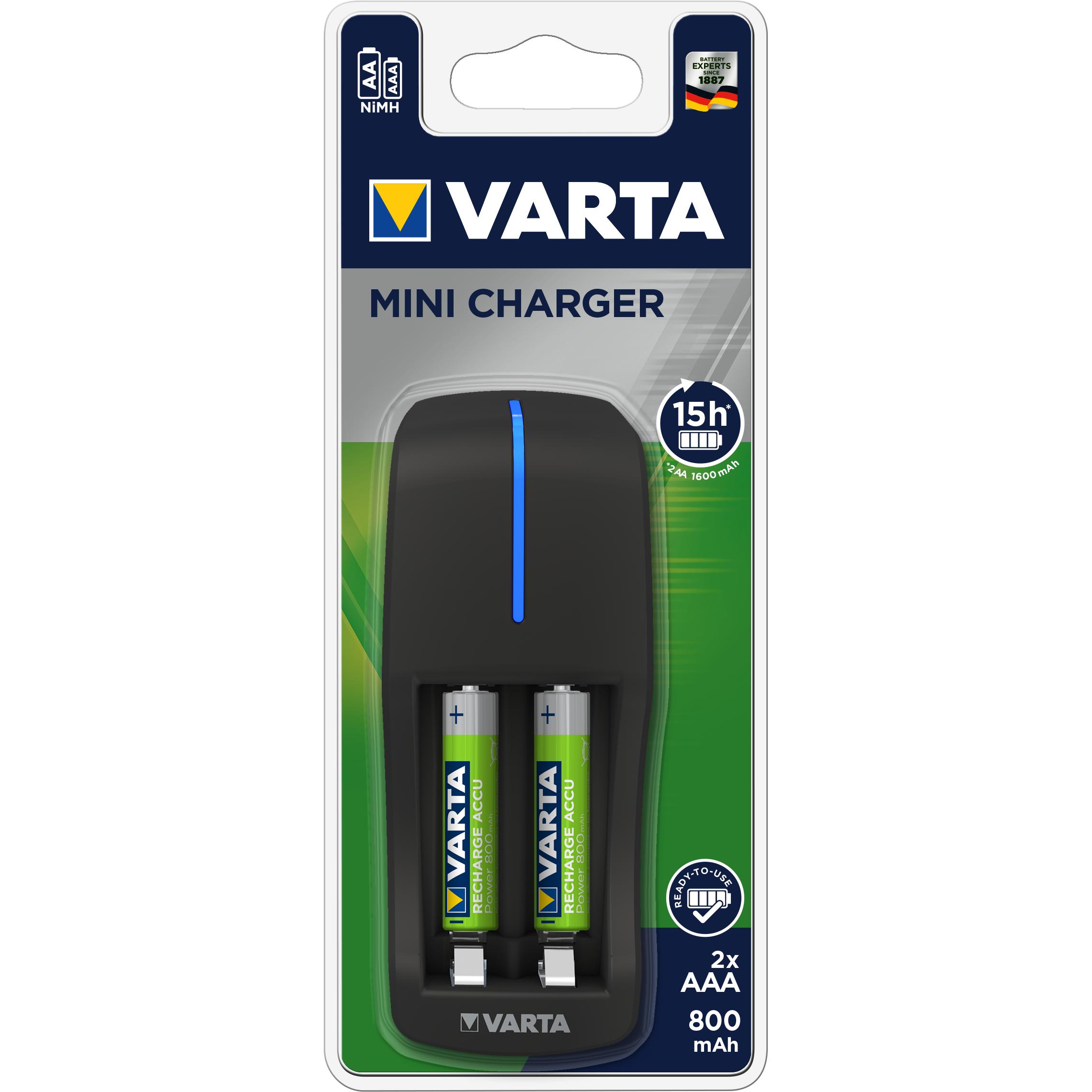 Varta Mini Charger (2 Stk., AAA, 800 mAh, Ladegerät inkl. Akku), Akku Ladegerät