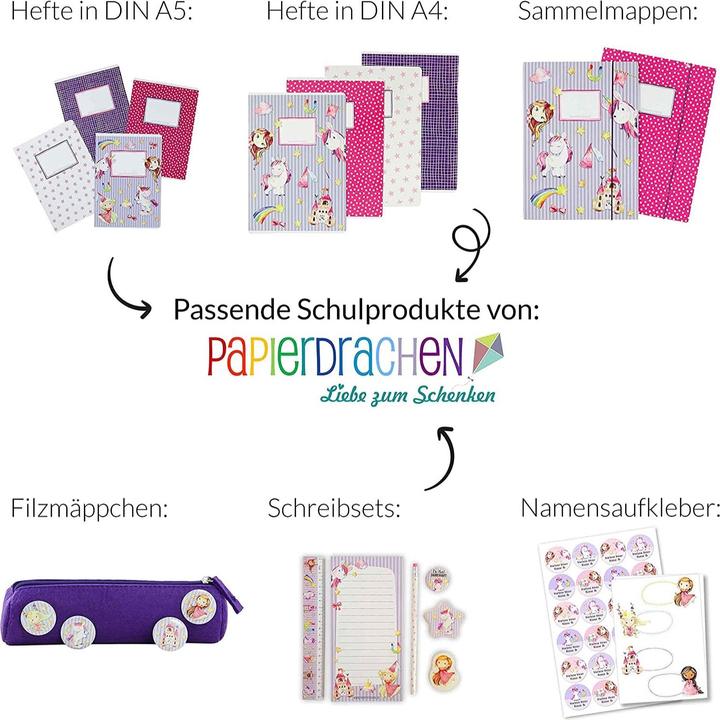 Produktbild Papierdrachen Schulhefte 4er Set DIN A5 - Einhorn (VE 4) (A5, Kariert, Kein Einband)