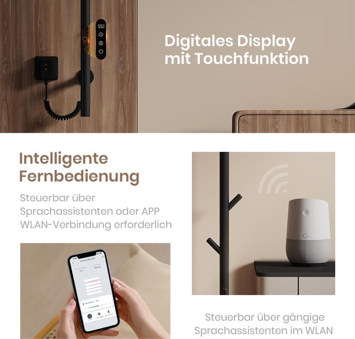 Actual product image Emke Electric heated towel rail, 110W, LED display, intelligent thermostat, WiFi/APP control, Ti