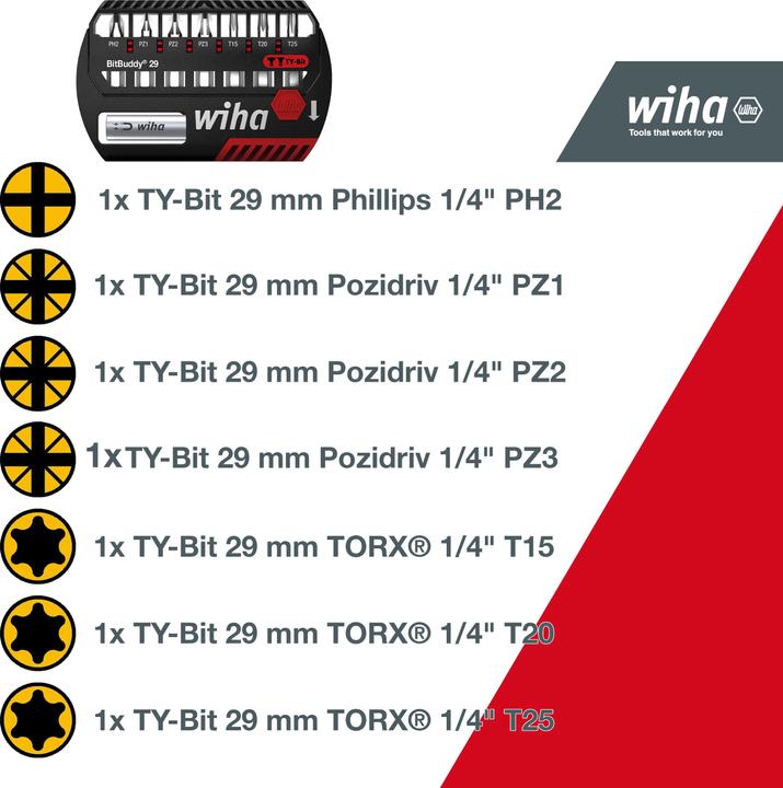 Produktbild Wiha Bit Set BitBuddy 8tlg TY-Bit 29 mm 1/4" C6,3 PH,PZ,TORX Schraubanwendungen Impact- Schlagschrauber (Innensechsrund TX)
