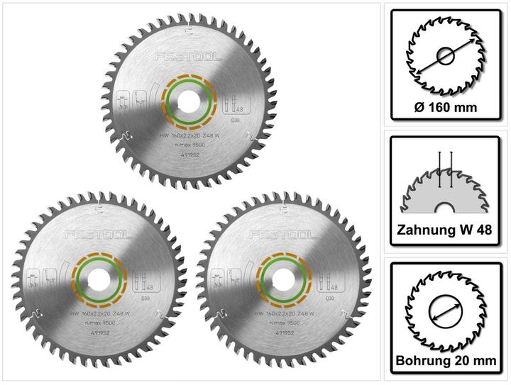 Produktbild Festool Feinzahn Kreissägeblatt HW 160 x 20 x 2,2 mm W48 160 mm 48 Zähne ( 3 x 491952 )