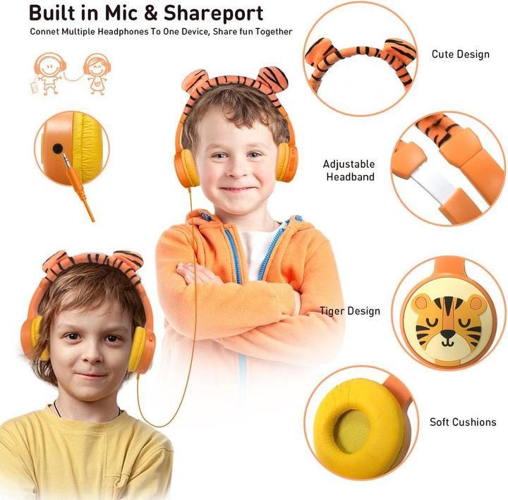 Actual product image PhoneLook Casque cool sans fil Bluetooth 5.3 pour enfants avec volume atténué 85dB et design amusant Tigre