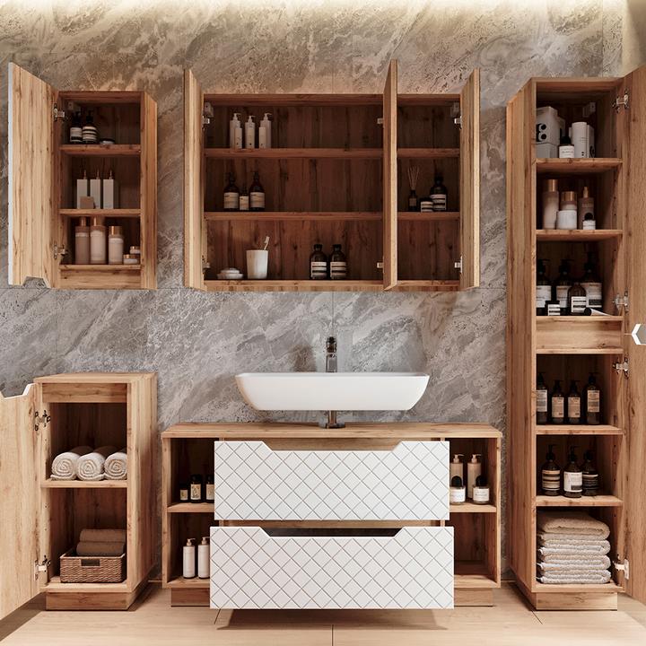 Actual product image Vicco Waschbeckenunterschrank Lotta, Eiche/Weiss mit Kachelstruktur, 119.2 x 62.5 cm mit 2 Schubladen (119.20 x 32 x 62.50 cm)