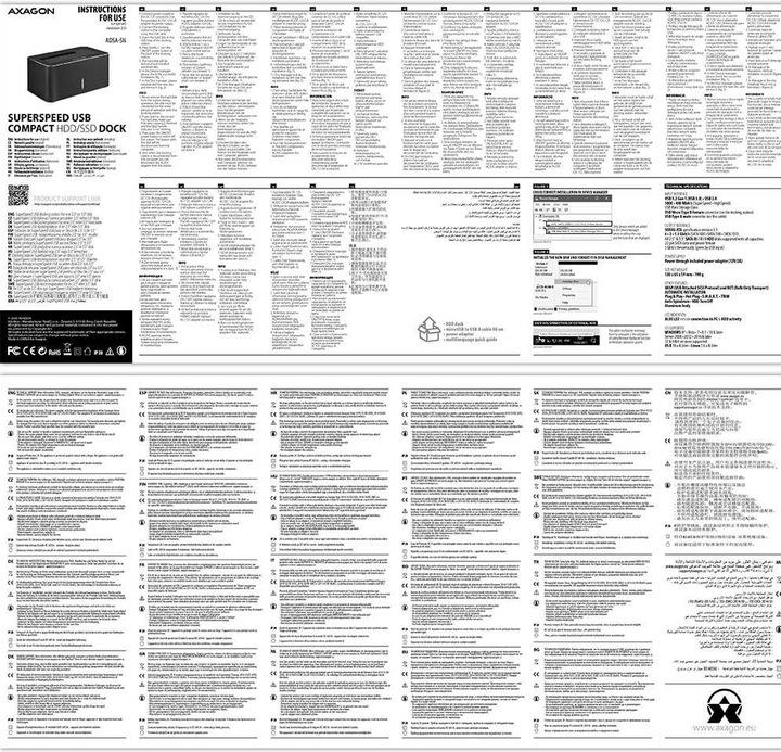 Nährwerte und Zutaten Axagon ADSA-SN Speicherlaufwerk-Docking-Station USB 3.2 Gen 1 (3.1 Gen 1) Type-A Schwarz (3.5")