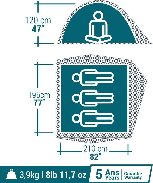 Actual product image Quechua MH100 (Dome tent, 4.10 kg, 3 persons)