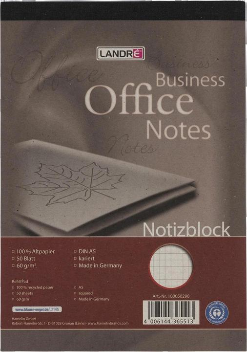 Image du produit Landré Bloc-notes plié A5 recyclé (A5, Quadrillé)